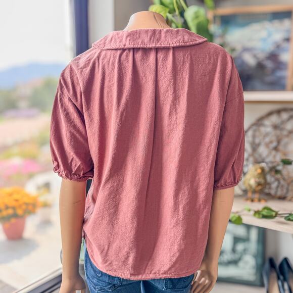 Dazy, Women's Medium, Solid Button Front Shirt Bishop Sleeves, Rusty Brown Rose - Picture 4 of 8